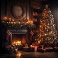 Cozy christmas scene with decorations, a warming fireplace and a christmas tree Royalty Free Stock Photo