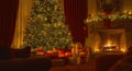 a cozy christmas scene featuring a decorated christmas tree, a warm fireplace, and an array of beautifully wrapped presents in a f Royalty Free Stock Photo