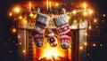 Festive Christmas Stockings Hanging on Mantelpiece with Warm Fireplace Glow, AI Generated Royalty Free Stock Photo