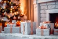 Cozy Christmas Scene Fireplace, Tree and Gifts - Generative AI Royalty Free Stock Photo