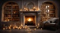 Cozy Christmas scene with glowing lights inide a warm room with a fireplace and Christmas tree Royalty Free Stock Photo