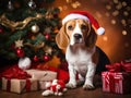 Cozy Christmas Scene Playful Beagle, Santa Hat, and Festive Decorations,ai generated