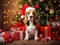 Cozy Christmas Scene Playful Beagle, Santa Hat, and Festive Decorations,ai generated