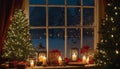Christmas window scene with lit trees candles and snow Royalty Free Stock Photo