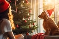 Cozy Christmas scene with a woman and her dog in front of a decorated tree Royalty Free Stock Photo