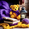 Cozy Christmas scenery with a yellow knitted teddy bear and purple knit blanket