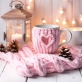 Cozy Christmas scenery with a white mug wearing a charming knitted handmade case Royalty Free Stock Photo