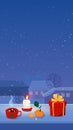 Cozy Christmas stories format , home isolation, snowfall in town, candle gift and a cut of hot drink. Background with