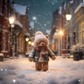 Cozy Christmas Stroll: Teddy Bear in Scarf and Wool Hat Amidst Snowy Neighborhood Wonderland