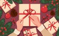 A cozy Christmas vector illustration featuring hands wrapping gift boxes Royalty Free Stock Photo