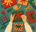 A cozy Christmas vector illustration featuring hands wrapping gift boxes Royalty Free Stock Photo