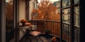 Cozy city balcony with small table and chair in autumn. Place for secluded rest