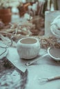 A cozy close-up view of a handmade clay bowl on the painted white table Royalty Free Stock Photo