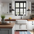 A cozy, coastal beach house kitchen with white cabinets, a farmhouse sink, and nautical accents5