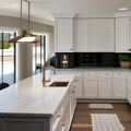 A cozy, coastal beach house kitchen with white cabinets, a farmhouse sink, and nautical accents4