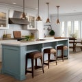 A cozy, coastal beach house kitchen with white cabinets, a farmhouse sink, and nautical accents3