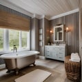 A cozy coastal cottage bathroom with weathered wood walls, seashell decor, and a clawfoot tub5