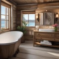A cozy coastal cottage bathroom with weathered wood walls, seashell decor, and a clawfoot tub2