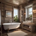 A cozy coastal cottage bathroom with weathered wood walls, seashell decor, and a clawfoot tub4