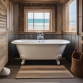 A cozy coastal cottage bathroom with weathered wood walls, seashell decor, and a clawfoot tub3