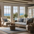 A cozy coastal cottage living room with nautical decor and a view of the ocean2