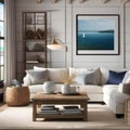 A cozy coastal cottage living room with nautical decor and a view of the ocean3 Royalty Free Stock Photo