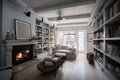 cozy coastal home with fireplace and book collection for relaxing evenings
