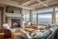 cozy coastal home with fireplace, comfy furniture and scenic views