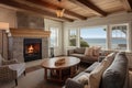 cozy coastal home with fireplace, comfy furniture and scenic views