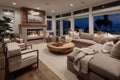 cozy coastal home with fireplace and plush lounge for a cozy evening Royalty Free Stock Photo