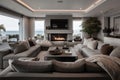 cozy coastal home with fireplace and plush lounge for a cozy evening Royalty Free Stock Photo