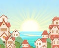 Cozy coastal resort town. A beautiful city by the sea. Traditional houses with red roofs. Seascape with sea horizon