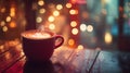 Steaming Hot Coffee Cup with Latte Art on Rainy Table Bokeh Lights Background Royalty Free Stock Photo