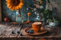 Cozy coffee experience orange ceramic cup accompanied by berries, sunflower, and bird cherry Royalty Free Stock Photo