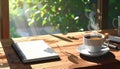 Cozy Coffee Scene with Sunlight and Notebook on Wooden Table Royalty Free Stock Photo