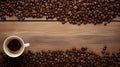 Cozy Coffee Scene: Top View of Coffee Cup and Beans on Vintage Kitchen Table with Space for Text Royalty Free Stock Photo