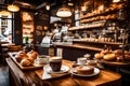 A cozy coffee shop with an inviting atmosphere, a steaming cup of coffee, and a selection of pastries