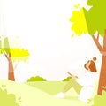 Young woman sitting on the grass in nature with book and enjoying sunshine in the park or forest. Flat cartoon vector illustration