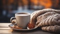 Cozy coffee shop, rustic wood table, hot latte, winter warmth generated by AI