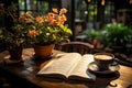 Cozy coffee shop, steaming coffee, open book and flowing conversations., generative IA