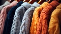 Cozy comfort fashion wardrobe Autumn 2023, What To Wear This Fall. Many autumn colors warm knitwear sweater, knitted clothes Royalty Free Stock Photo