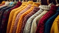 Cozy comfort fashion wardrobe Autumn 2023, What To Wear This Fall. Many autumn colors warm knitwear sweater, knitted clothes Royalty Free Stock Photo