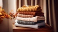 Cozy comfort fashion wardrobe Autumn 2023, What To Wear This Fall. Pile of autumn colors warm knitwear sweater, knitted clothes