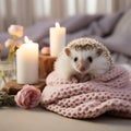 Cozy Comfort: Rosie the Hedgehog Finds Solace in a Pastel Pink Knitted Blanket