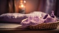 Cozy Comforts: Fuzzy Pink Slippers and Lavender Roses Royalty Free Stock Photo