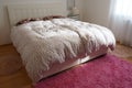 Cozy compact bedroom with white furniture, pink carpet and tulle curtains. Fluffy feather blanket is thrown over the bed Royalty Free Stock Photo