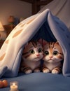 Cozy Companions - Adorable Kittens Snuggled in a Blanket Fort - Generated using AI Technology