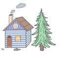 Cozy composition of cottage house, smoke from chimney, near  nature, spruce tree. Hand drawn sketch. Vector illustration. Royalty Free Stock Photo