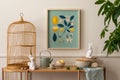 Cozy composition of easter living room interior with mock up poster frame, wooden sideboard, easter bunny, stylish bowl, wooden