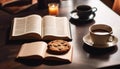 A cozy composition with an open book, a cup of coffee and cookies on the table, illuminated by the warm light of a candle. Royalty Free Stock Photo